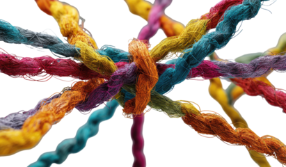 Colorful threads intricately interwoven, forming a complex knot