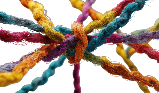 Colorful threads intricately interwoven, forming a complex knot