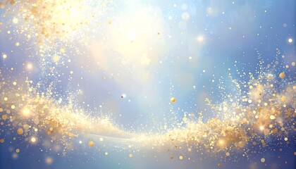 Abstract background of swirling golden particles against a light blue backdrop