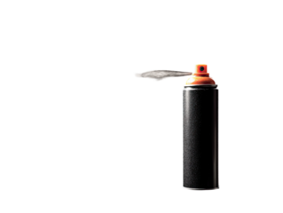 Spray paint can with orange nozzle, releasing mist against a black background