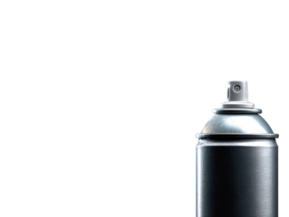 Close-up of a metallic spray can against a black backdrop