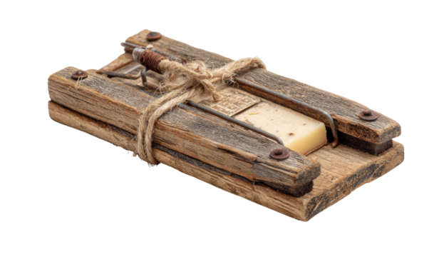 Aged wooden mouse trap with cheese bait