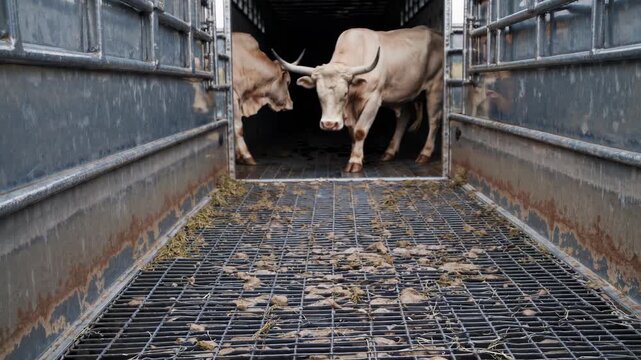 Two cows are emerging from a livestock trailer, showcasing their movement and interaction in a rustic farm environment with textured surfaces. concept of farming and consequences of animal slaughter