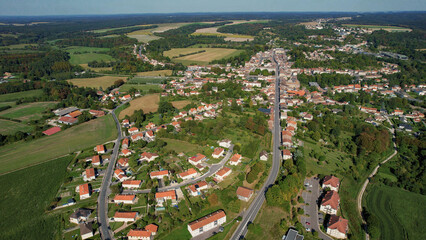 Aerial of the old town around the city Sainte-Menehould  in France on a sunny day in late summer.