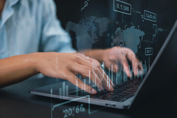 Person types on laptop with holographic data overlay. Digital, modern tech, business, data visualization, presentation, corporate.