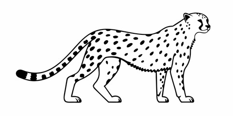 Fototapeta premium Illustration of a cheetah standing with black spots on its body and a long tail on a white background on transparent background