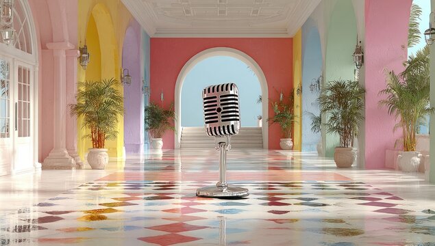 Pastel-colored hallway with vintage microphone