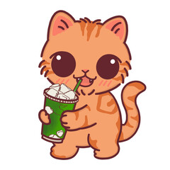 Cute Cat and Matcha Drink, Happy Kitten in Home Cafe