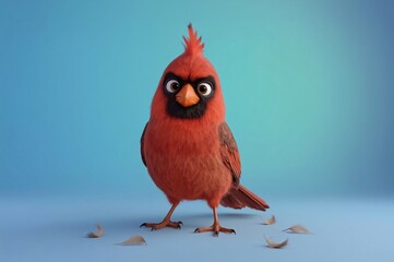 Angry cartoon cardinal studio shot, autumn leaves, blue background, mascot