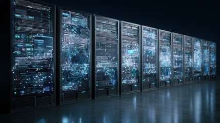 data center server rack displays with glowing network connections on a dark blue background
