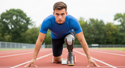 Confident focused young athlete with prosthesis ready to run