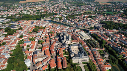 Aerial of the old town around the city Verdun in France on a sunny day in late summer.