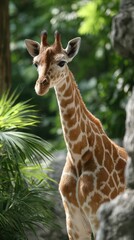 Obraz premium Elegant Giraffe Portrait in Natural Habitat with Lush Green Foliage