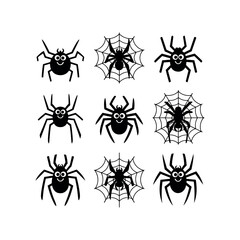 Cartoon Spider and Web Vector Illustration Set – Funny Insect and Cobweb Collection on White Background