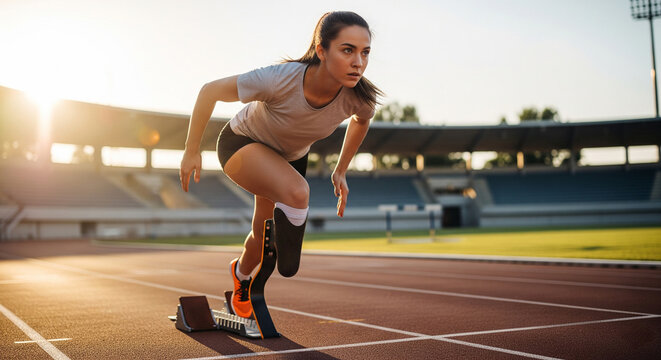 Confident focused young athlete with prosthesis ready to run