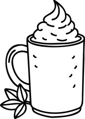 Hand Drawn Line Illustration of a Mug with Whipped Cream, Coffee Mug with Whipped Topping Sketch, Pumpkin Spice Latte Cup Doodle Drawing, Steaming Hot Coffee Mug Line Art