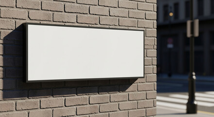 Blank white rectangular sign mockup on a brick wall in a city street setting.