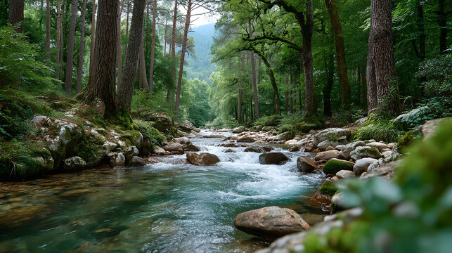 Forest river with clear water flowing over rocks surrounded by tall trees and lush green foliage in peaceful natural setting