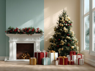 Christmas tree with red and gold ornaments and wrapped gift boxes near white fireplace decorated with green and red garland in cozy living room