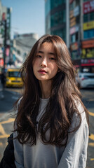 Fototapeta premium Young Korean woman with long hair standing in a busy city street on a sunny day among colorful shops and cars