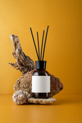 Amber Glass Diffuser Bottle Mockup with Driftwood and Seashell, Natural Eco Branding Template