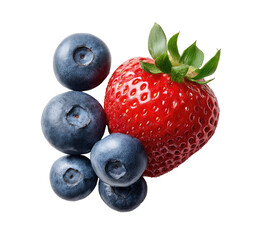 Close-up of fresh blueberries and a strawberry