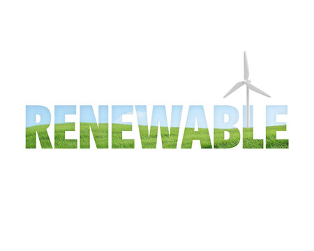 Renewable energy text effect with wind turbine and green field