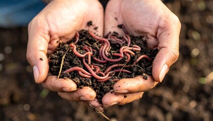 Hands holding rich soil with visible red earthworms, symbolizing natural fertility and ecological balance.