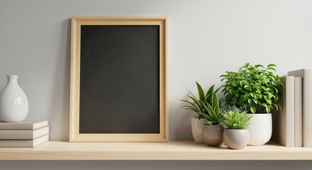 A wooden shelf with a blank frame, potted plants, and white books against a clean white wall.