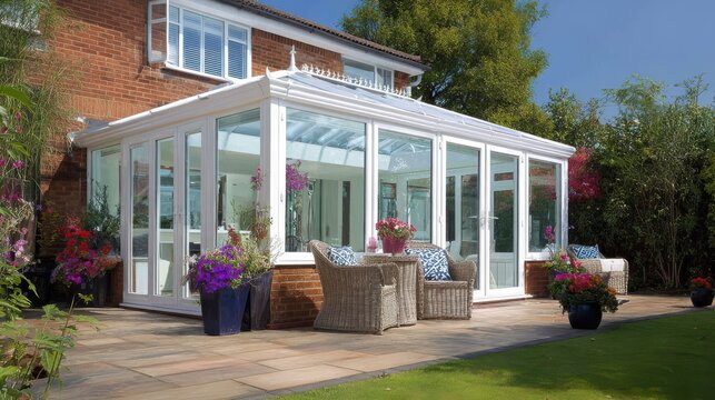 modern white upvc conservatory extends house with glass walls doors offering patio garden views sunproof waterproof structure enhances living space features wicker chairs table for outdoor