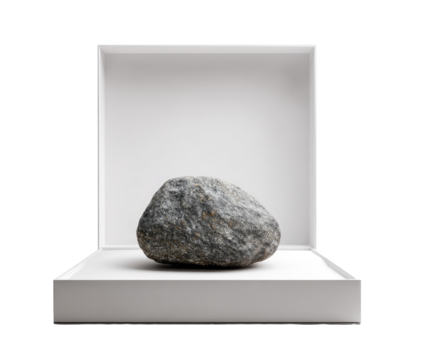 A gray, rounded stone sits centered in a white box