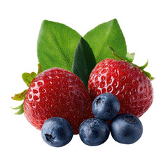 Fresh strawberries and blueberries, vibrant red and blue berries with green leaves