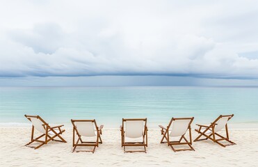 Serene beach with five aligned chairs on soft sand facing calm water under cloudy sky perfect for rest and quiet relaxation