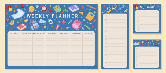 Weekly planner set with to do list, goals, notes templates. Doodle school supplies, stationery on dark blue background. Vector hand drawn childlike illustration for kids, students
