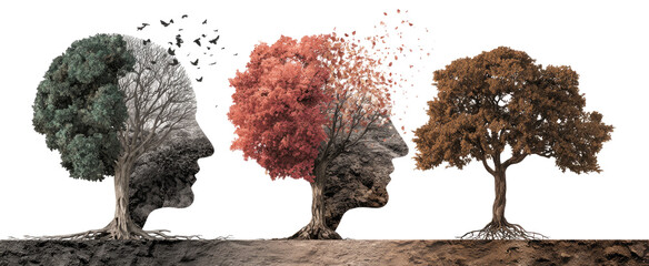 Four trees, representing stages of life, growing from a single root