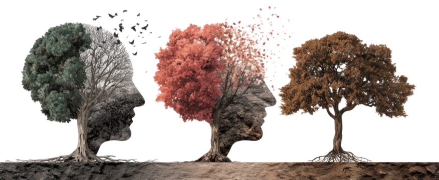 Four trees, representing stages of life, growing from a single root