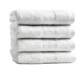 A stack of five white bath towels.  Soft, plush texture visible.  Clean, simple design