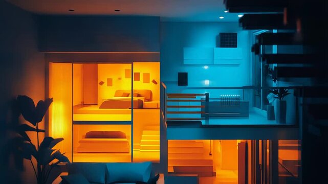 Modern open plan apartment interior with warm and cool lighting