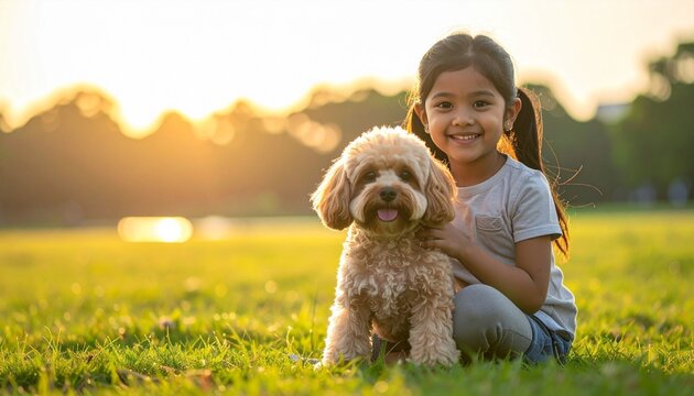 Smiling child with curly-haired dog in a sunny field, surrounded by trees and mountains.