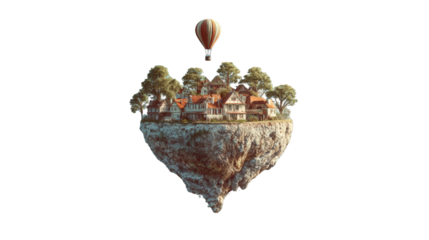 Floating village with hot air balloon