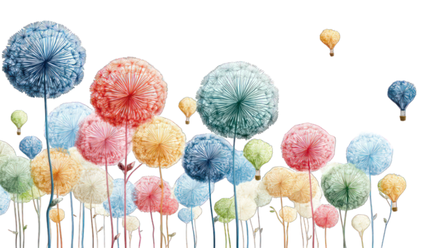 Colorful dandelion-like flowers with hot air balloons
