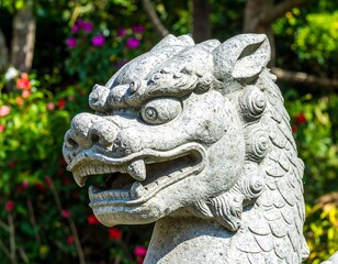 Close-up of a stone lion statue head