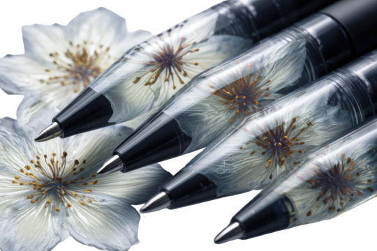 Clear pens with pressed flowers. Close-up view - Powered by Adobe