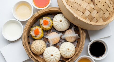 Delicious Assortment of Asian Dim Sum Dumplings Steamed in Bamboo Basket with Sauces