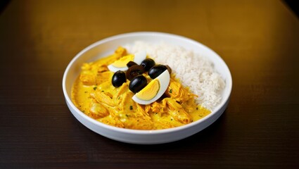 Delicious Peruvian Aji Amarillo Chicken with Rice Boiled Egg and Olives