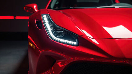 Sleek red sports car with modern headlights, showcasing high performance design and luxury aesthetics, exuding power and elegance