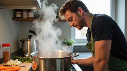 Focused young man in kitchen prepares meal, steam rising from pot, showcasing culinary skills and cozy atmosphere