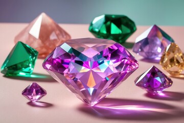 Fototapeta premium Sparkling gems in various colors arranged on a soft surface under soft lighting