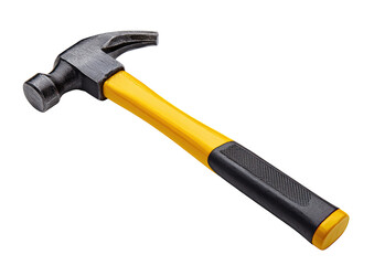 Close-up of a claw hammer with a yellow and black handle.  The head is dark gray metal, and the handle is segmented with yellow and black plastic
