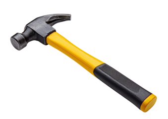 Close-up of a claw hammer with a yellow and black handle.  The head is dark gray metal, and the handle is segmented with yellow and black plastic